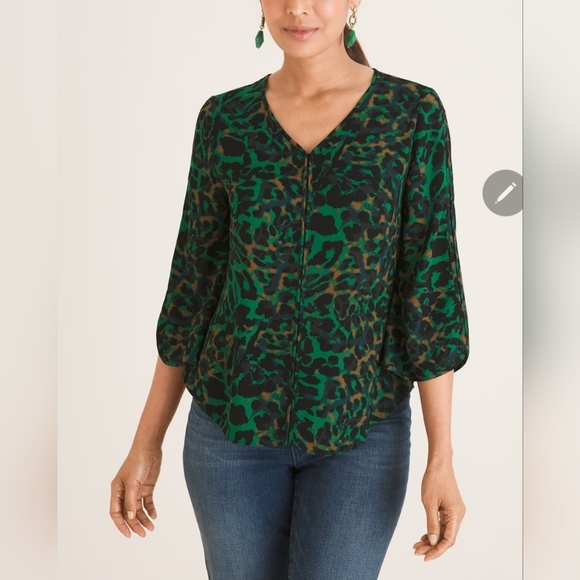Chico's Tops - Chico's Green Black V-Neck 3/4 Sleeve Animal Print Blouse 16